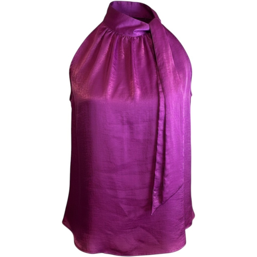 Worthington Purple‎ Satin Sleevesless Blouse Tie Collar Blouse Size Medium NWT